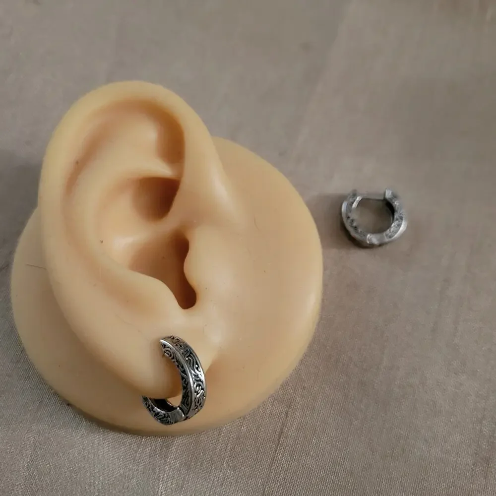 Men's etched silver tone hoop earrings
